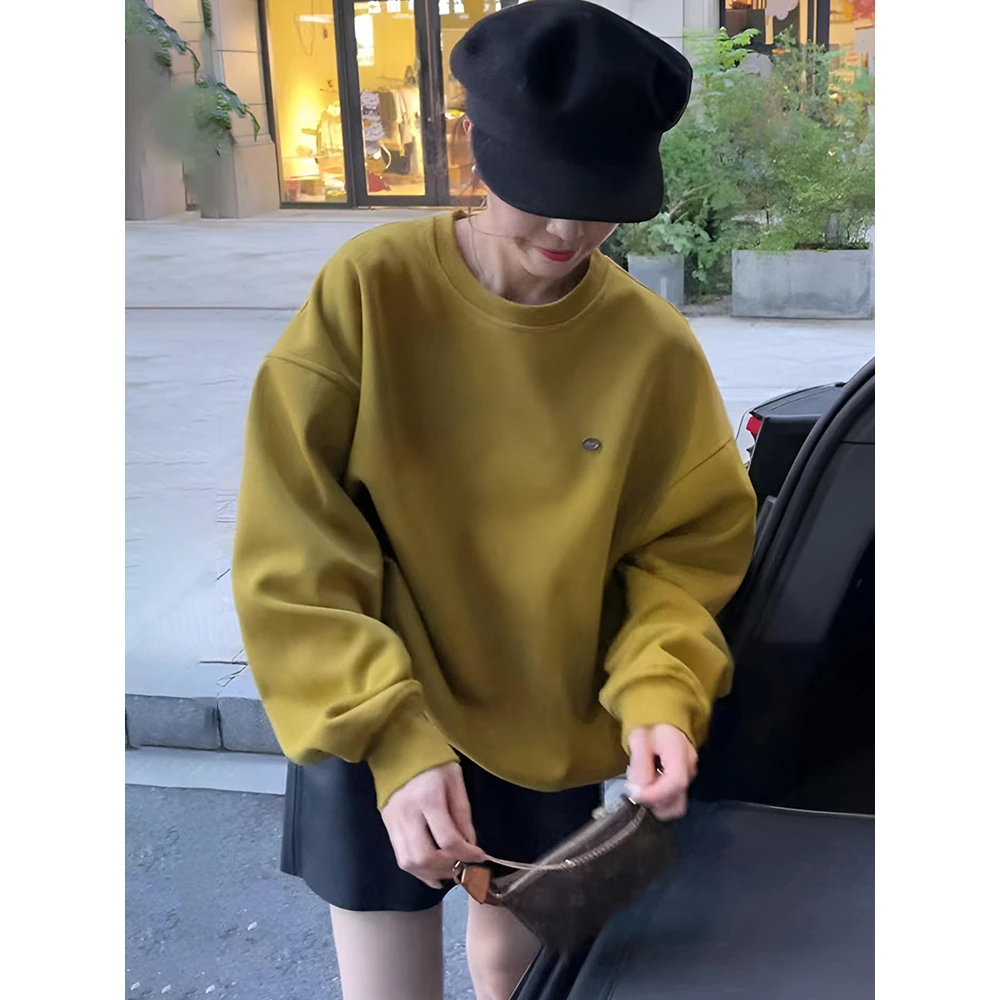 休闲美式复古圆领卫衣女早秋2024新款设计感卫衣搭藏青色短裙套装