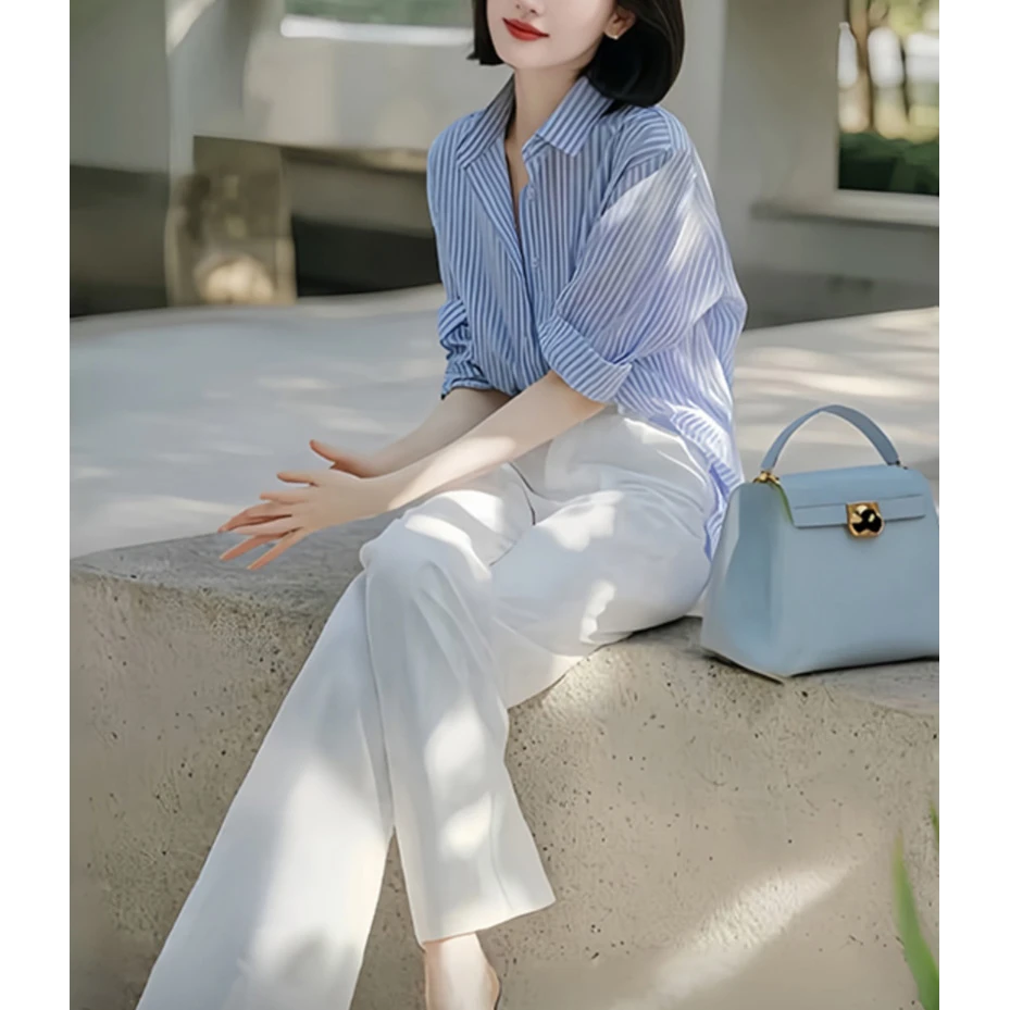 条纹翻领长袖衬蓝色衫2024早秋季新款女知性柔美穿搭轻奢上衣套装