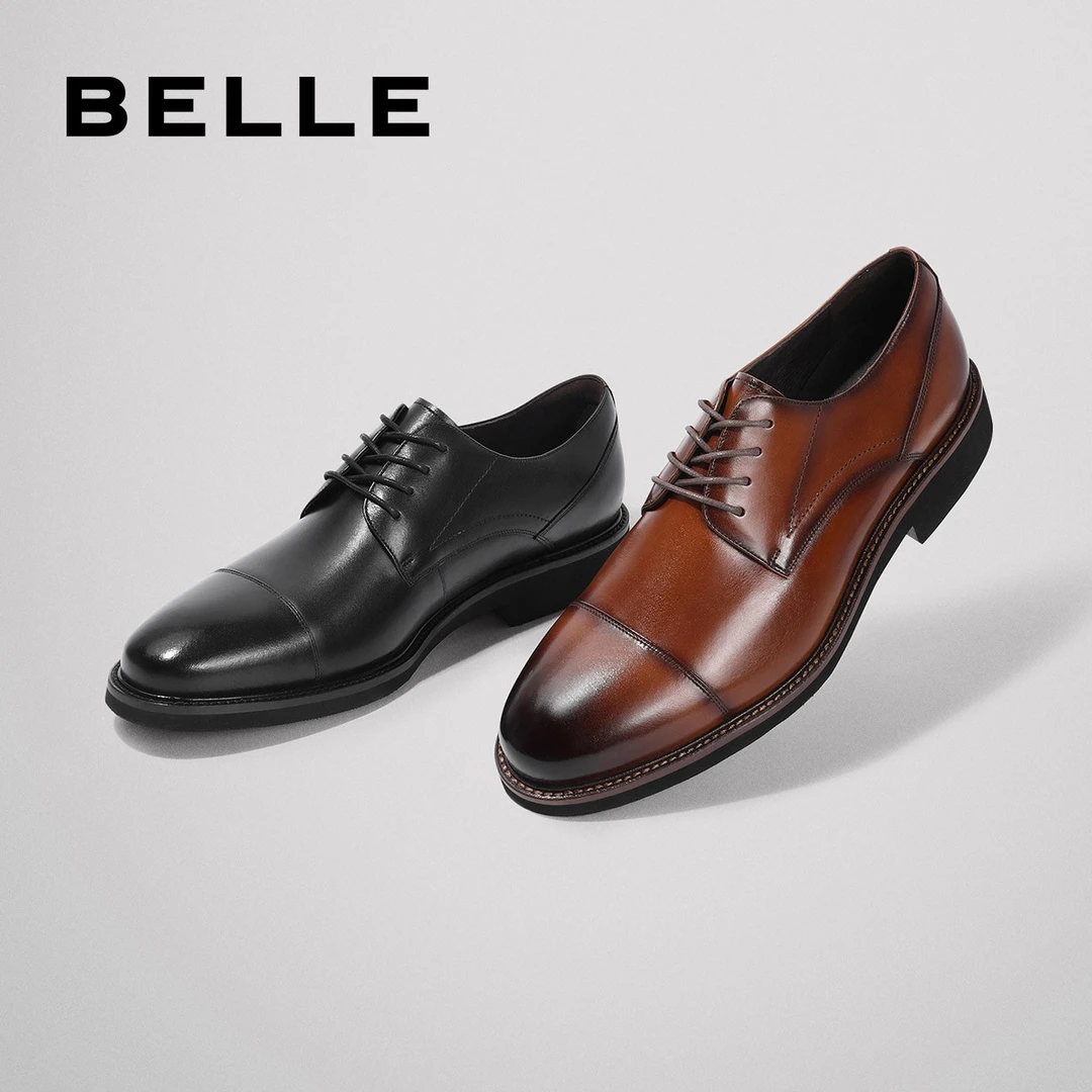 百丽复古增高商务正装皮鞋男秋季真牛皮时尚百搭英伦风系带德比鞋