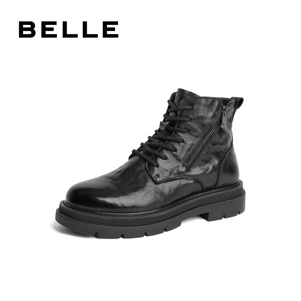 【加绒】百丽时尚休闲靴男23冬新商场同款牛皮革褶皱马丁靴8CN01DD3