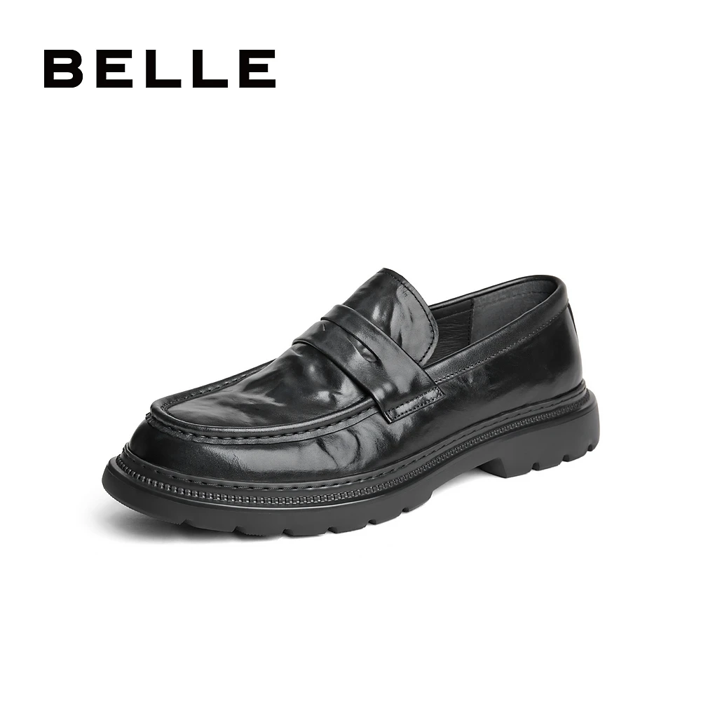 百丽一脚蹬乐福鞋男秋季新品牛皮革轻便厚底休闲商务皮鞋A1589CM4