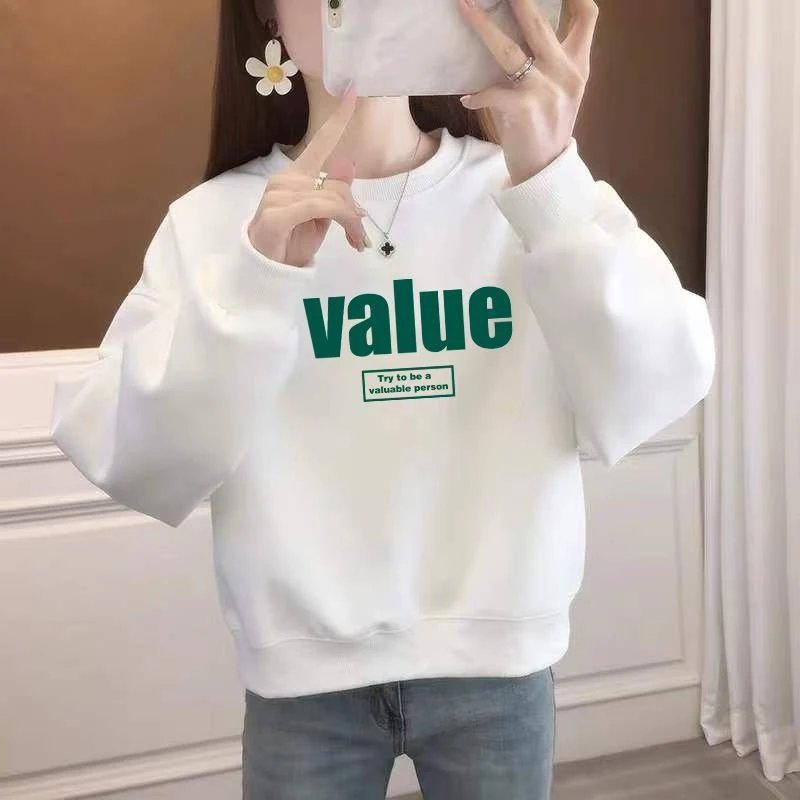 100%纯棉白色短款卫衣2023韩版新款小个子宽松女装圆领春秋上衣女