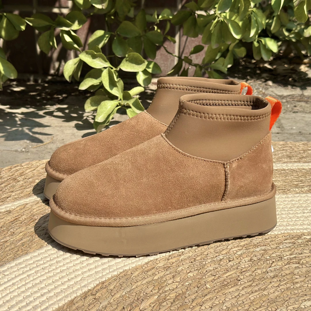 【桑坡】2024新款厚底宋妍霏弹力布女真皮雪地靴羊皮毛一皮保暖棉靴