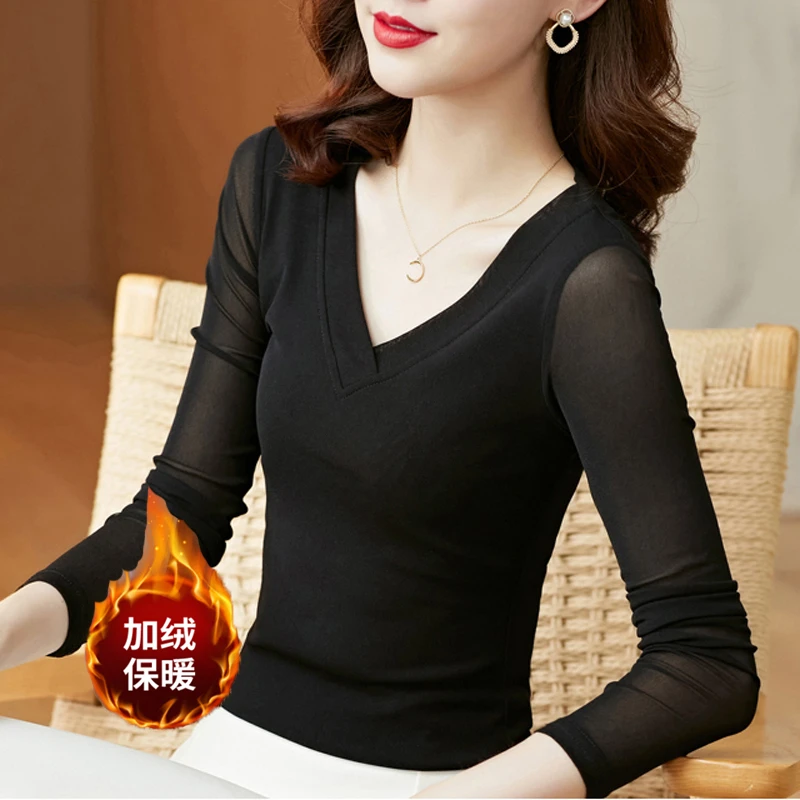 网纱长袖打底衫女秋冬装修身显瘦设计感小众内搭外穿气质上衣女