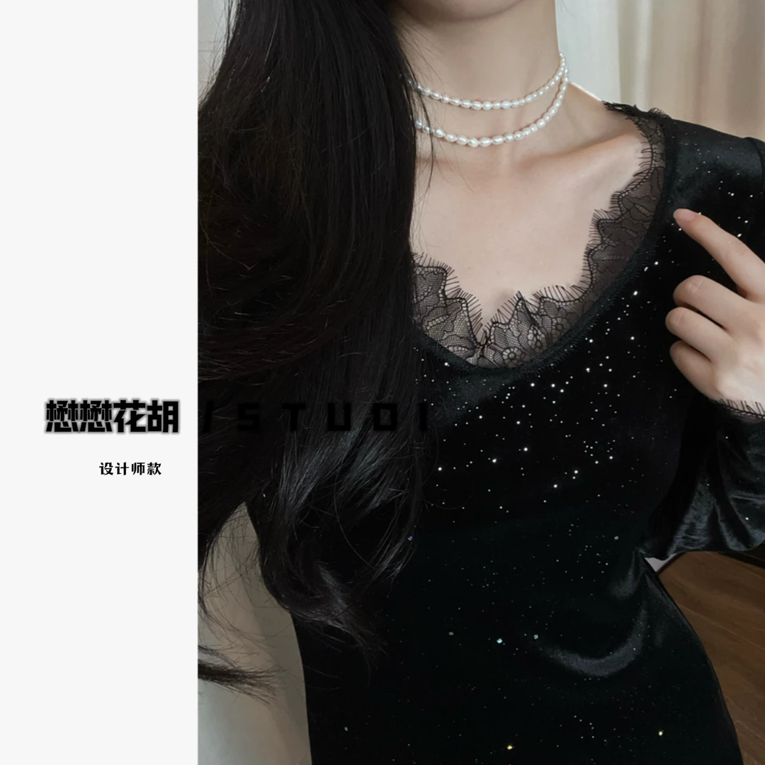 赫本风高级感丝绒小黑裙法式气质名媛修身礼服连衣裙