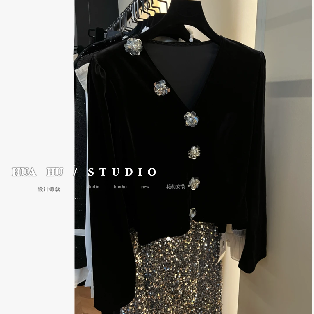 【白·月花】韩系bingbing闪银立体花朵手工钉钻丝绒上衣