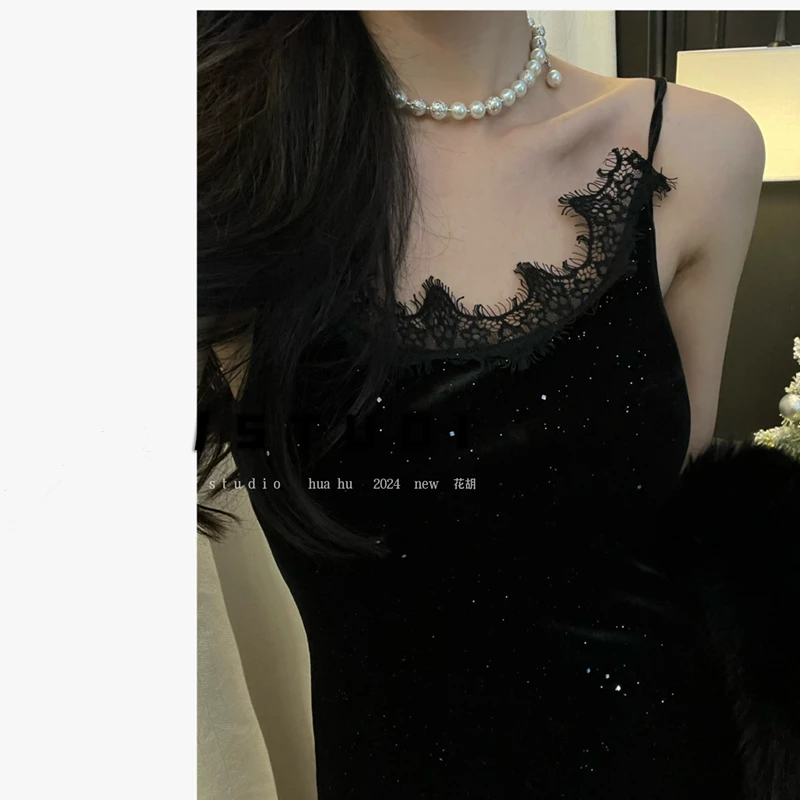 （摘星）黑色蕾丝bingbing碎闪亮片吊带连衣裙女显瘦长裙