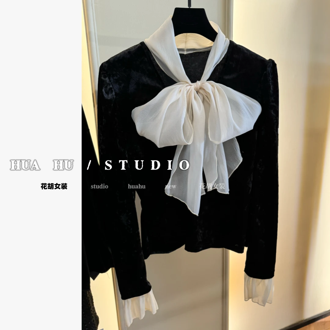 【你好白奈】法式丝绒千金系列/别致蝴蝶结拼接衬衣new冬