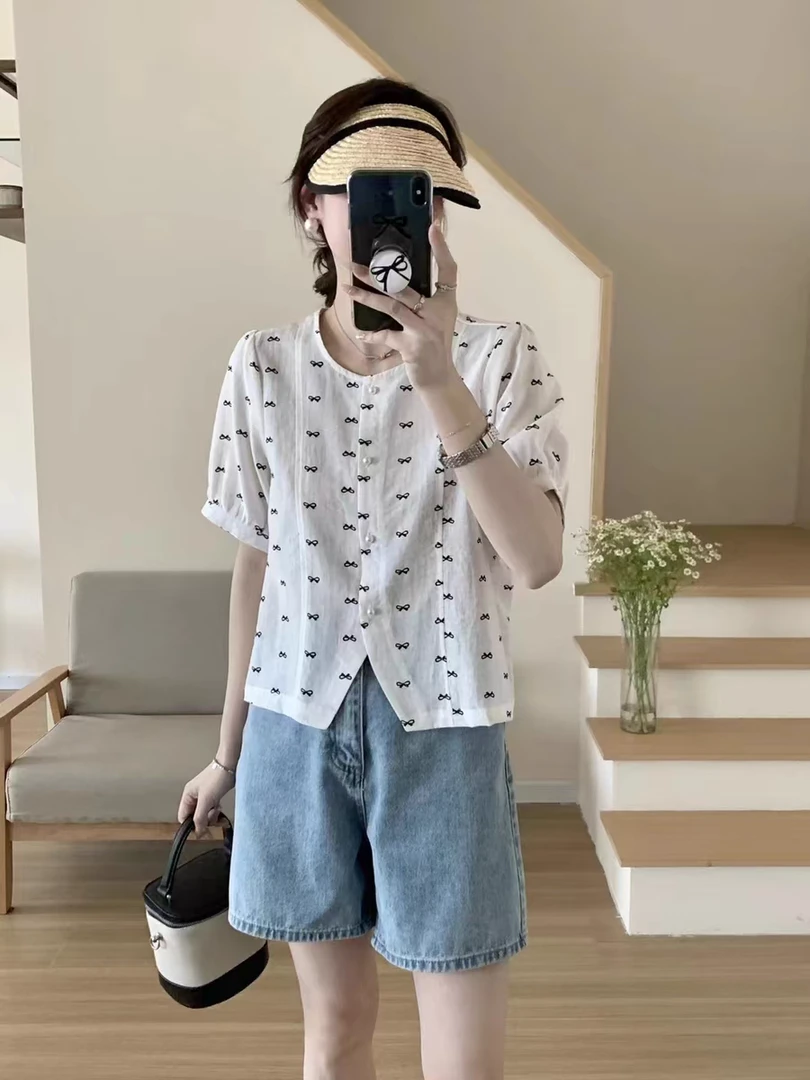 2025新款宽松碎花衬衫夏文艺灯笼袖波点衬衣女短款上衣
