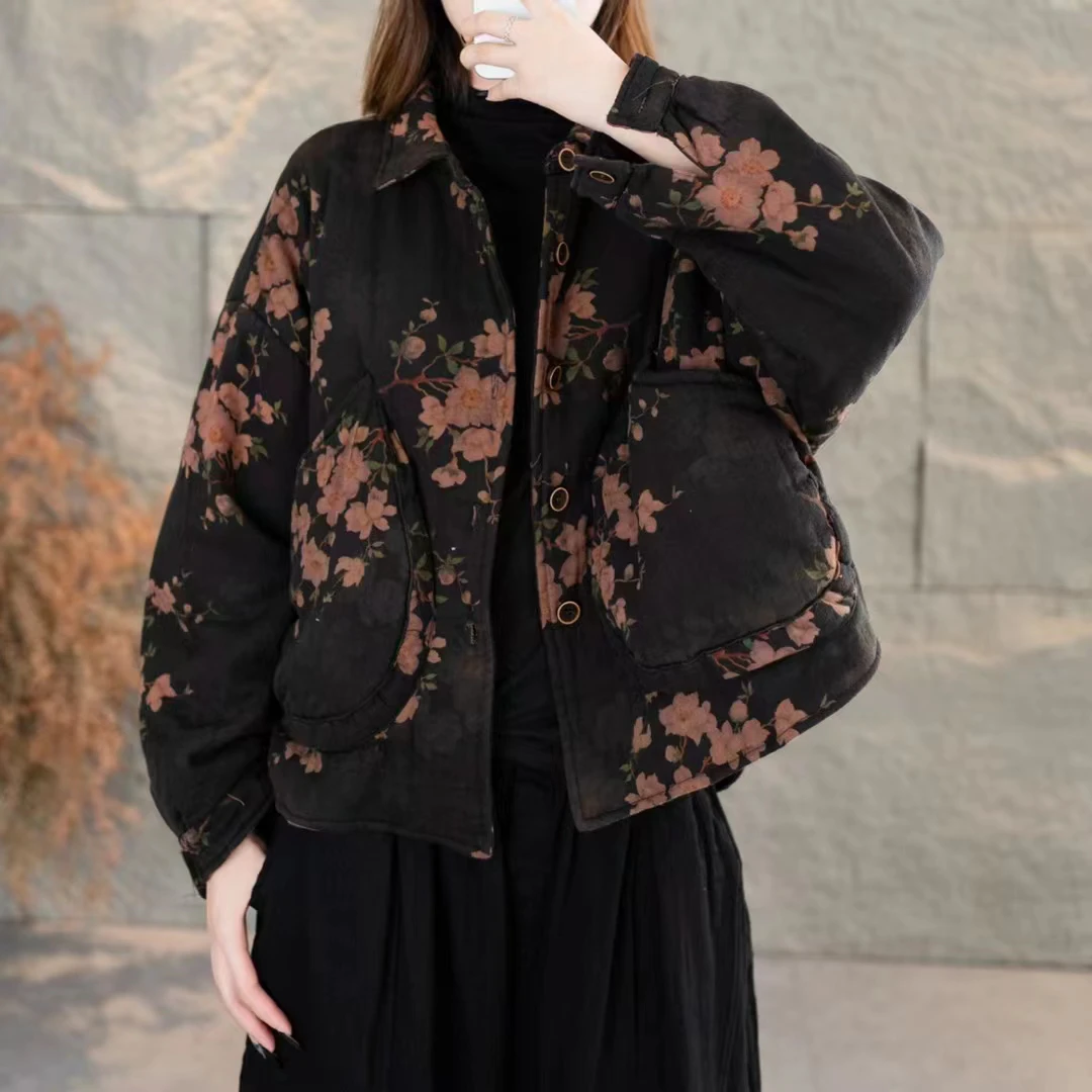 文艺复古全棉印花夹棉短款棉衣外套女秋冬新款宽松百搭