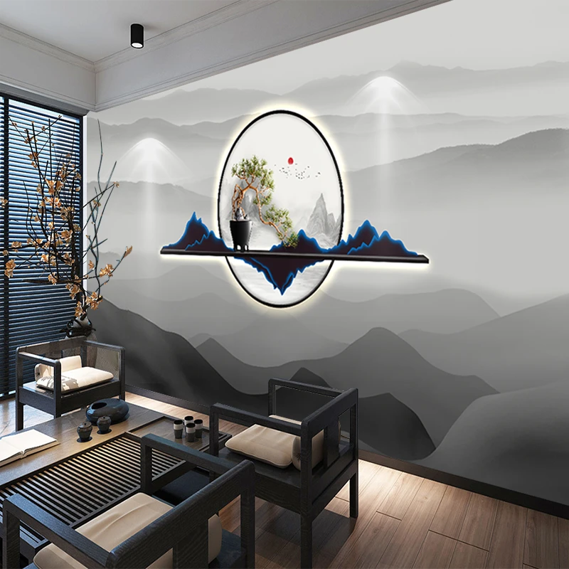 新中式山水客厅电视背景墙壁纸饭店浮雕迎客松壁画5d立体包厢墙布