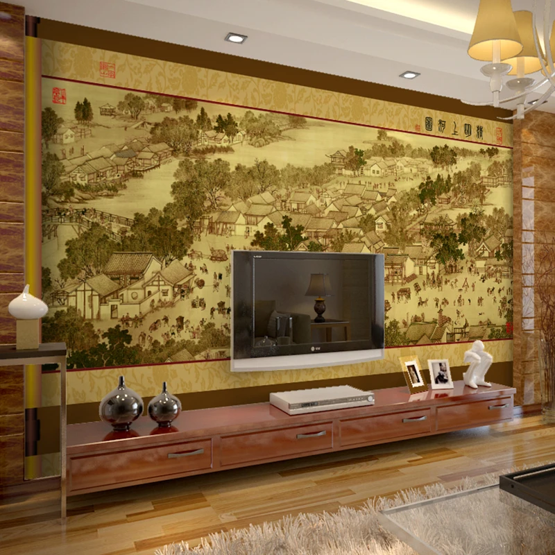 清明上河图墙纸客厅沙发电视背景墙壁纸古典办公室壁画饭店墙布
