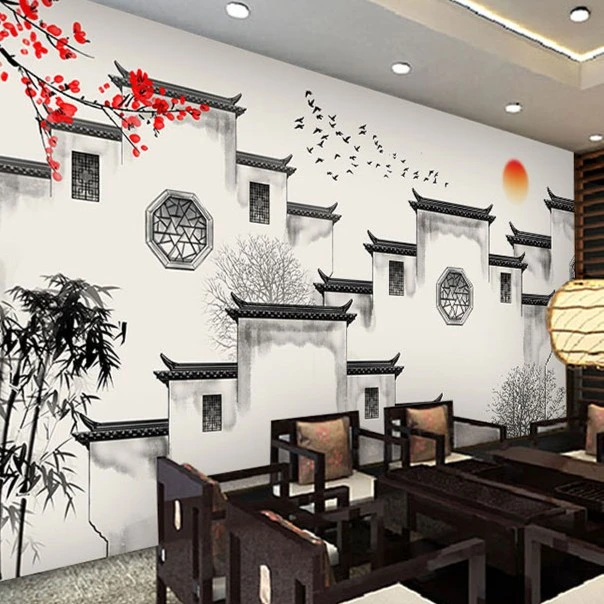 中式江南水乡水墨画壁纸饭店餐厅背景墙纸徽派建筑火锅店包厢壁画