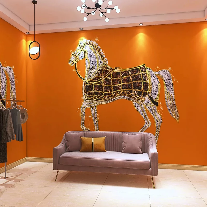 爱马仕橙色壁纸潮牌服装店美容院背景墙纸网红高级感直播间3d壁画