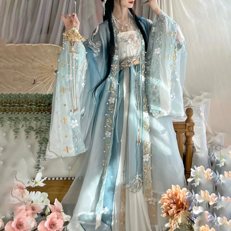 如梦见【白茶】原创汉服刺绣汉服唐制绣花大袖衫诃子裙一片式齐胸