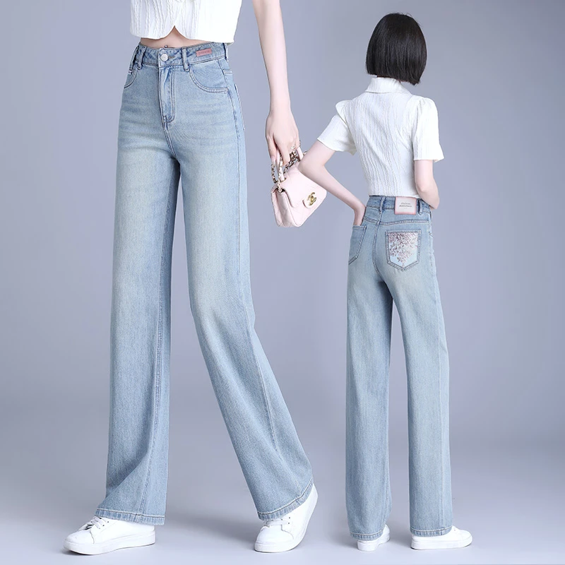 新中式国风牛仔阔腿裤女2025年春夏新款高腰刺绣百搭小个子直筒裤