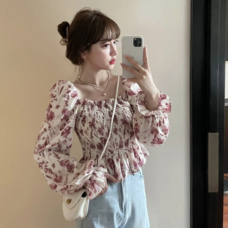 露肩一字领雪纺衬衫2024春夏新款设计感碎花方领长袖小衫短款上衣