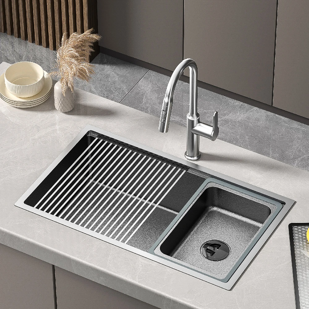 【内胆1.5mm】卫小二C1手工水槽水晶纹304不锈钢薄边大单槽台阶盆