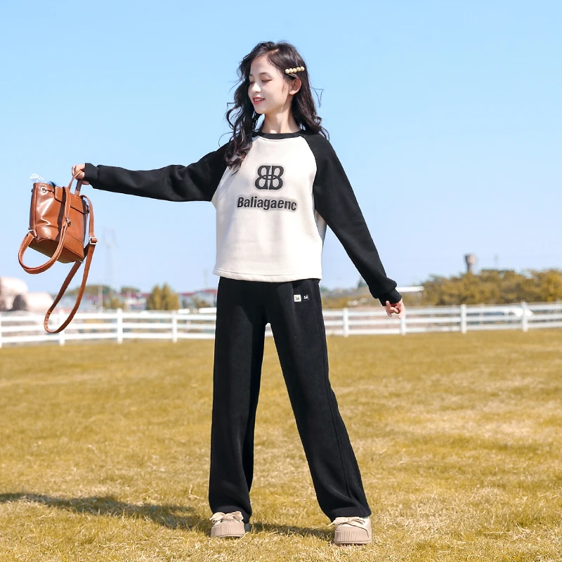 女童冬季一体绒上衣2023新款儿童打底衫加绒大童加厚女孩卫衣冬装