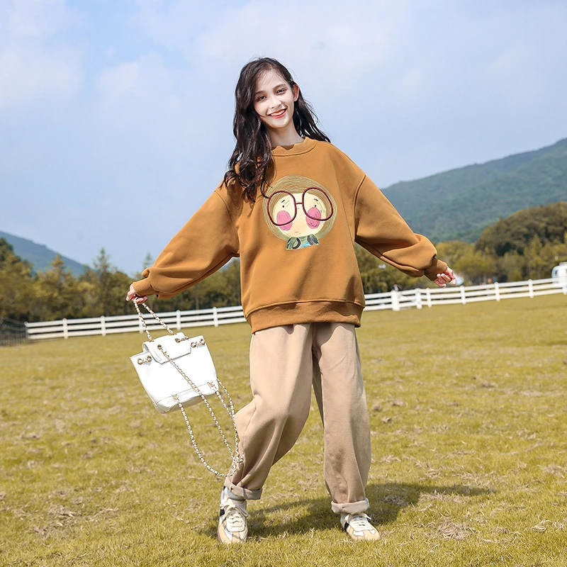 女童卫衣冬装2023新款女大童加绒上衣洋气儿童圆领秋冬款女孩衣服