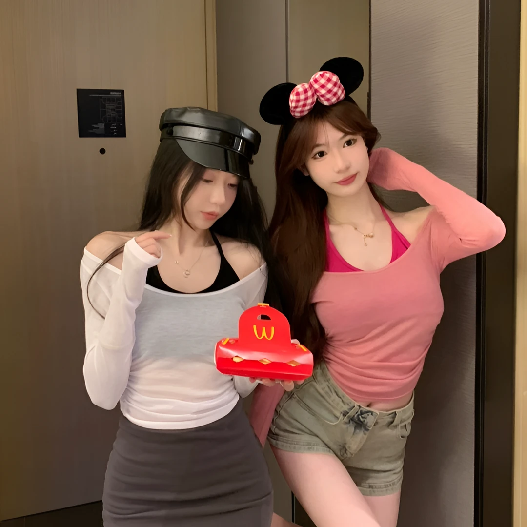纯欲风甜辣妹肩长袖挂脖美背T恤女修身短款两件套防晒罩衫小众