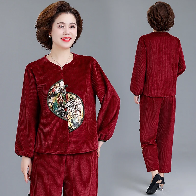 时尚妈妈装春秋季新款套装宽松休闲长袖两件套复古盘扣50岁