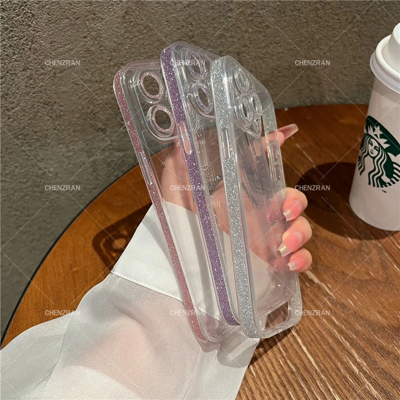9号高级奢华闪粉银边框适用iPhone16软边防摔闪钻镜头圈15promax