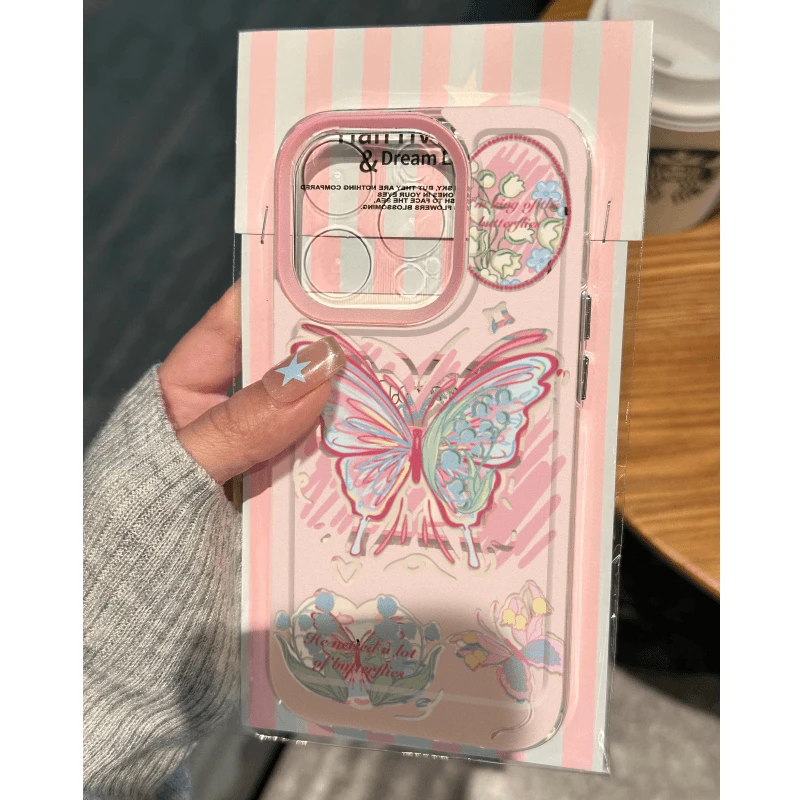 ins涂鸦风粉蝴蝶适用苹果15pro手机壳华为小米14vivo全包oppo男女