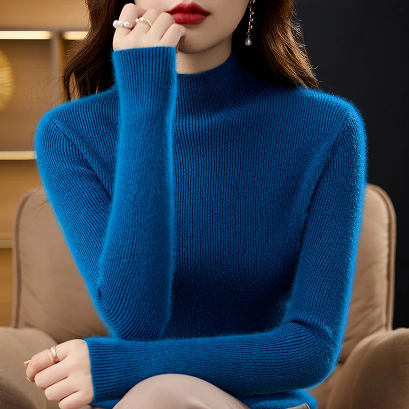 鄂尔多斯市产精纺羊毛衫女半高领内搭毛衣洋气修身显瘦针织打底衫