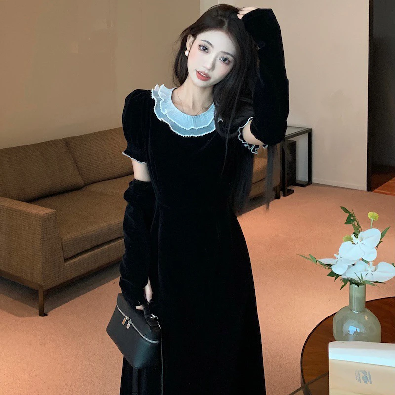 【现】丝烟~#1195秋季新款花边领含袖套遮胯黑色丝绒连衣裙女