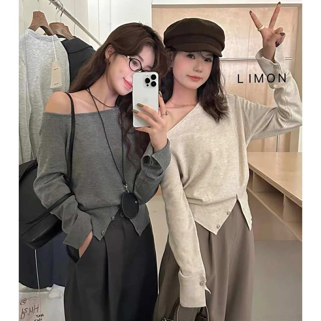 ①法式百搭不规则斜肩开衩针织衫女早秋新款法式气质长袖上衣#9903