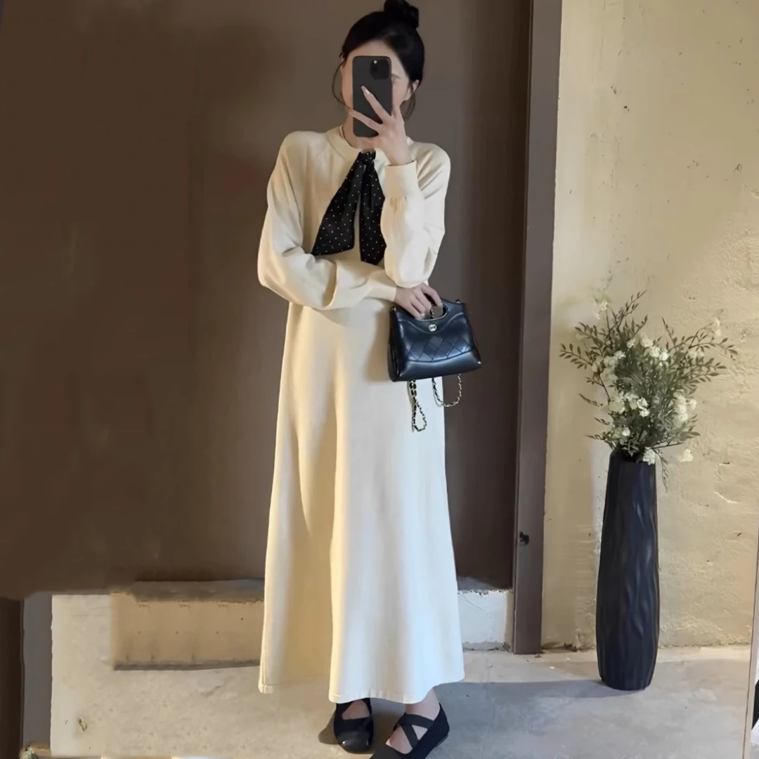 ②#9649法式气质波点系带长袖连衣裙女冬季2024设计感宽松