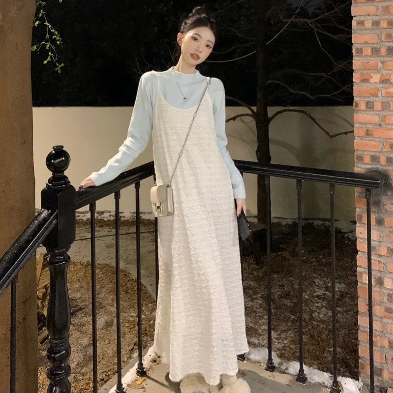 ②温柔风蕾丝钩花吊带连衣裙女秋季新款显瘦长款初恋系裙子#1239