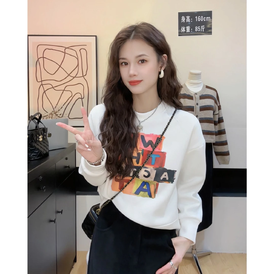【现】#2426 韩版慵懒圆领字母加绒卫衣2023秋冬新款