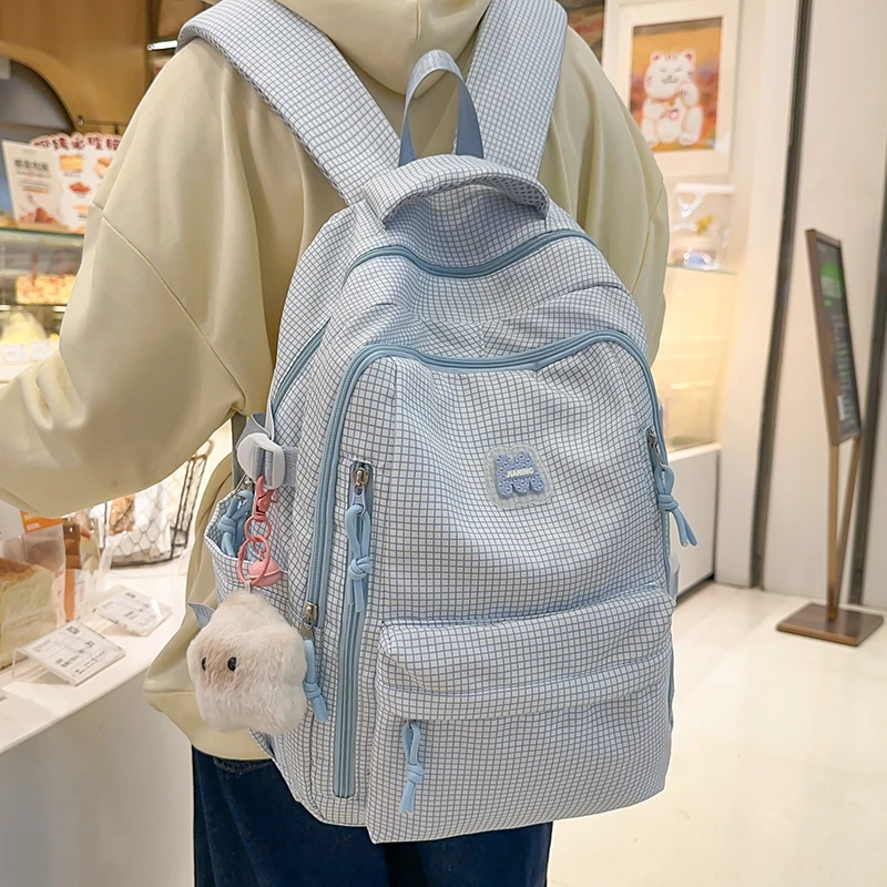 书包女初中生韩版小清新大容量背包中学生小学生高颜值格子双肩包