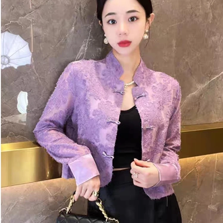 新中式2国风毛毛手工蝴蝶扣小衫上衣时尚长袖防晒百搭气质开衫