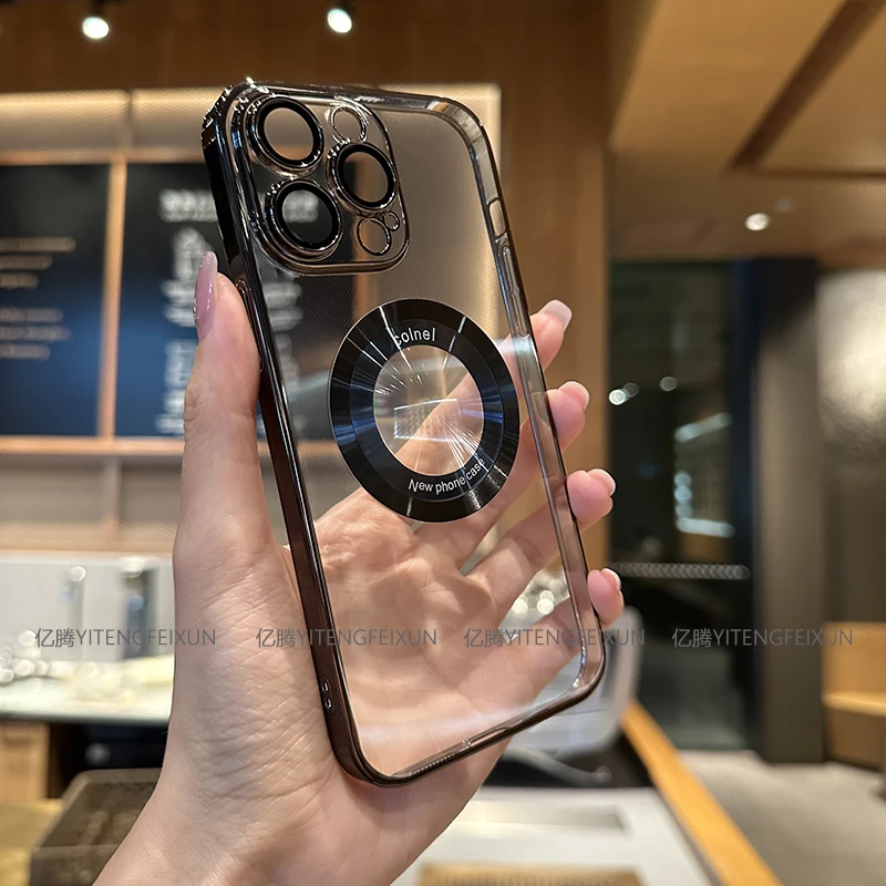 苹果15promax手机壳超薄磁吸简约高透明电镀14Pro全包12防摔硬壳