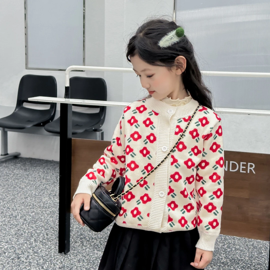 女童外套春秋款洋气儿童加绒毛衣开衫2024新款女孩针织衫上衣秋装