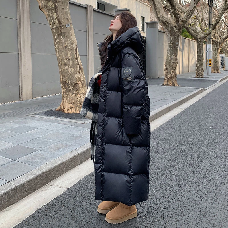 黑色超长款加厚鹅绒服女冬季2025年新款韩版宽松连帽黑金保暖外套