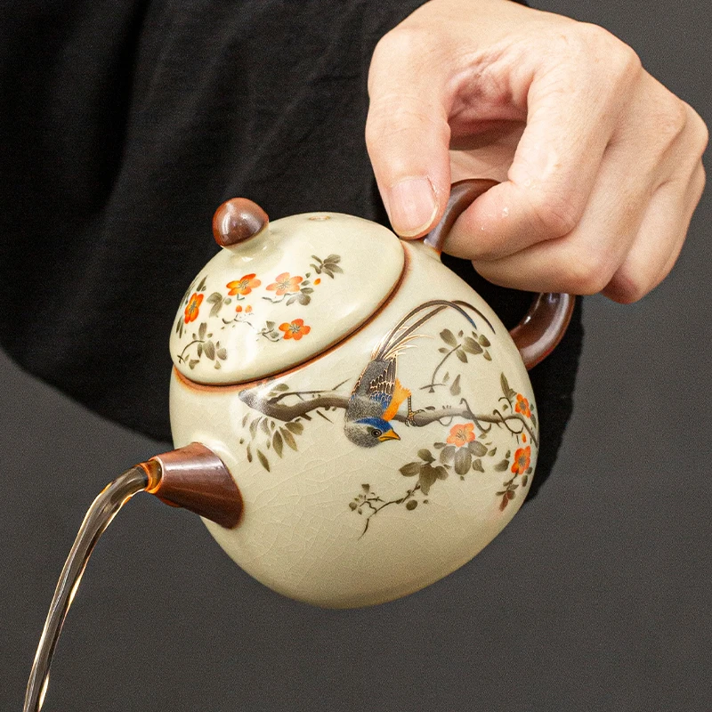 高档汝窑喜鹊陶瓷茶壶防烫可开片汝瓷功夫茶具泡茶器中式家用单壶