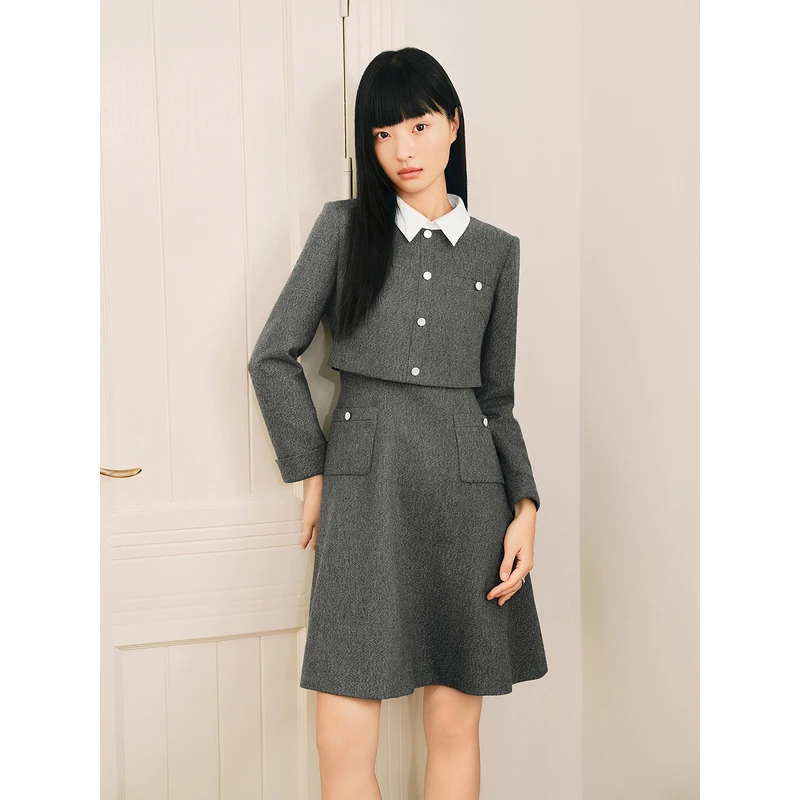 Goodland美地秋季新款气质翻领显瘦假两件小香风连衣裙LC34505100