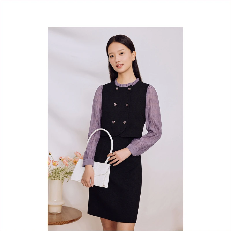 Goodland美地女装秋季新款复古法式优雅小香风连衣裙LC63305480