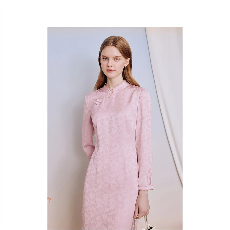 【新中式】Goodland美地女装秋季新款粉色刺绣时尚连衣裙LC63305260