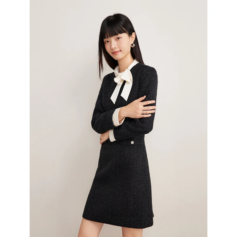 Goodland美地24年秋季小香风细花纱掐腰显瘦精致连衣裙LC34505130