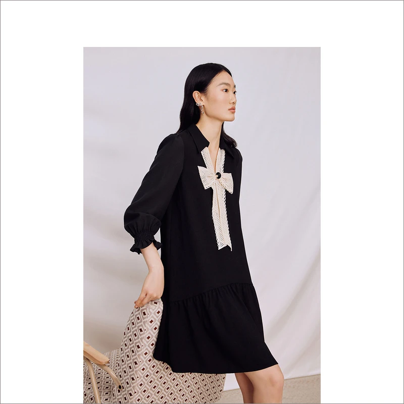 Goodland美地女装秋季新款蝴蝶结减龄显瘦大摆连衣裙LC63305600