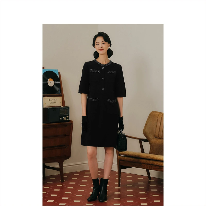 YINER音儿女装秋季高定秀款钉珠显瘦精致小香风连衣裙8233306460