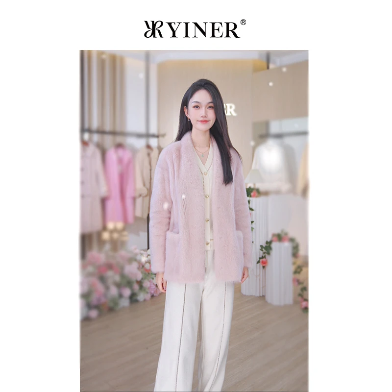 YINER音儿奥莱女装冬季宽松送真腰带粉色水貂皮草外套8C62509836