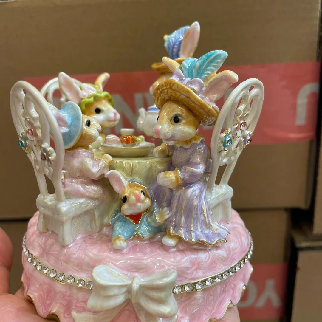 珐琅彩兔子茶话会 纯手工手绘装手镯首饰盒饰品盒珠宝盒礼物礼品