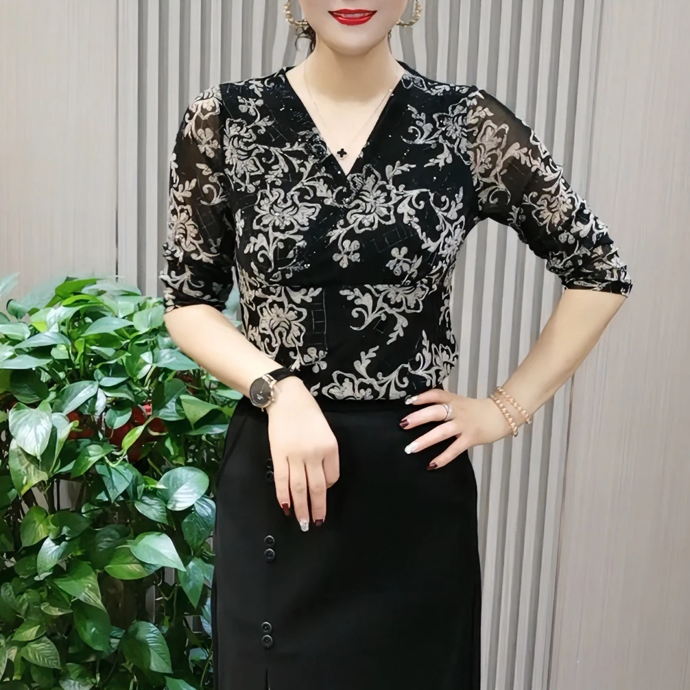 2023新款时尚洋气韩版流星烫钻修身显瘦印花气质弹力小衫