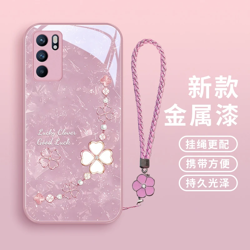 四叶草适用opporeno6手机壳送挂绳Reno6pro超薄浪漫reno6pro+ins